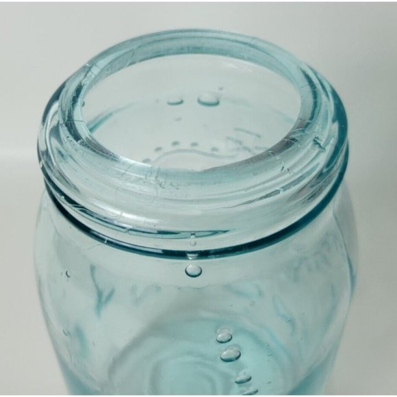 Vintage Crown Blue Glass Quart Canning Jar w. Glass Lid Bubbles D3 - Picture 7 of 11